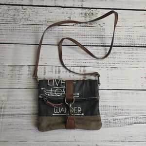 Mona B Live Love Wander Crossbody Purse Black Brown Leather Cotton Fold Over‎